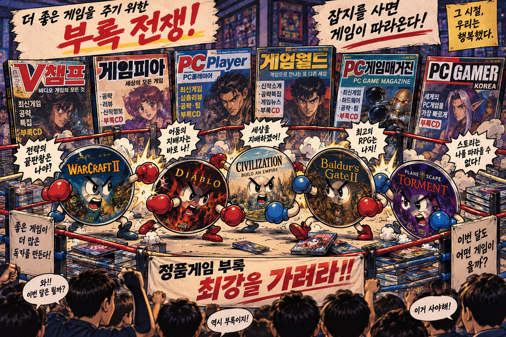 1990년대 게임잡지들의 정품게임 부록 경쟁을 표현한 이미지
